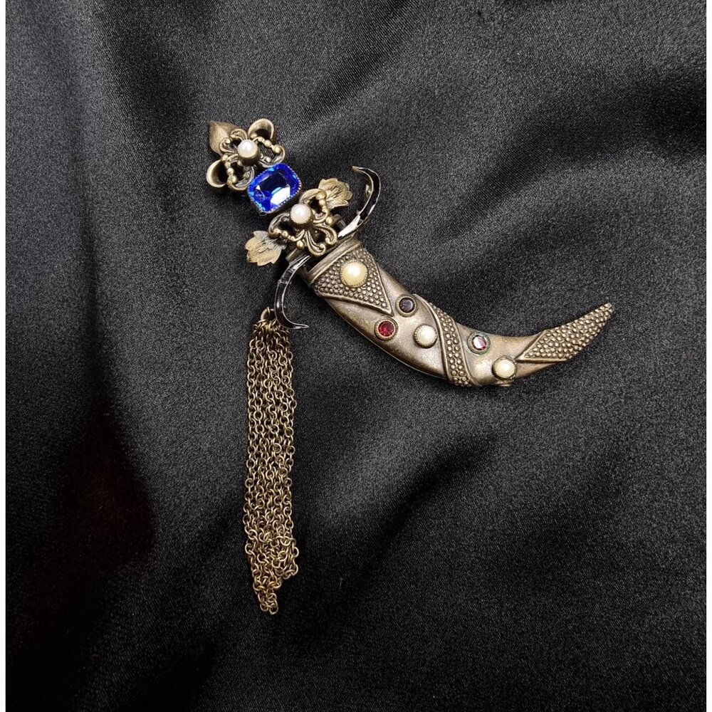 Rare Find Vintage 1940s-1950s HOBE Signed Jeweled Sword Brooch With Chains
